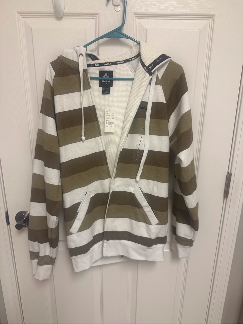 Matix Olive Green and White Striped Zip-Up Hoodie